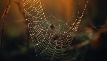 araña giros web, Rocío gotas relucir en luz de sol generado por ai foto