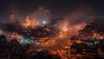 Illuminated city skyline explodes with colorful fireworks generated by AI photo