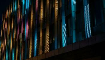 Futuristic skyscraper illuminates city with vibrant blue light generated by AI photo