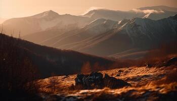 Silhouette of one person hiking mountain peak generated by AI photo