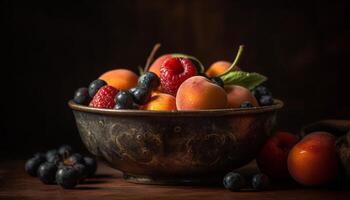 Rustic wood bowl holds juicy berry collection generated by AI photo