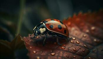 Spotted ladybug crawling on wet green leaf generated by AI photo