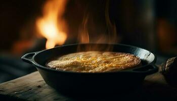 Healthy meal cooked on cast iron pan generated by AI photo