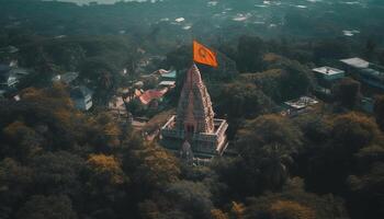 Aerial view of ancient pagoda at dusk generated by AI photo