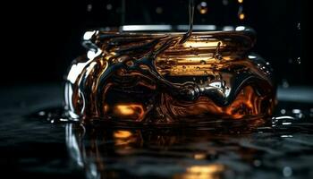 Shiny whiskey glass reflects yellow liquid freshness generated by AI photo