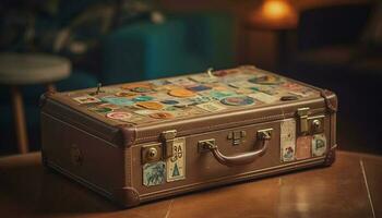 Antique leather suitcase stacked on old flooring generated by AI photo