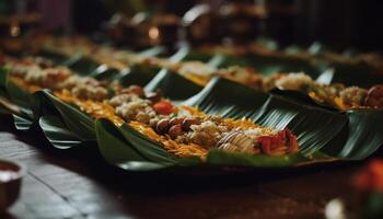 Grilled seafood skewers on yellow crockery plate generated by AI photo