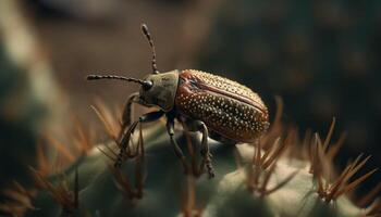 Small weevil crawls on green leaf outdoors generated by AI photo