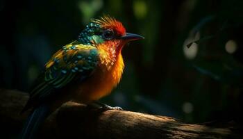 Multi colored bird perching on branch in forest generated by AI photo