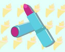 Cherry lipstick, blue stick on a background of seashells and a blue background. Vector image for print