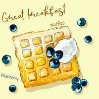 Breakfast dessert Watercolor character viennese waffles with blueberry. Sour cream. Cute Vector illustration background