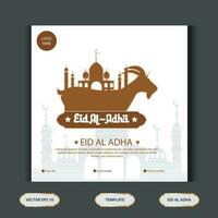 Set Eid al Adha Social Media Post Template. Idul Adha Greeting Card Vector Illustration with vector of sacrificial animals, and Arabic ornaments, mosques, lanterns, Muslims Background