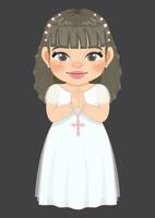 First communion concept with cute girl praying has a rosary in her hand and standing on gray background vector