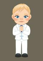 First communion concept with blond hair boy praying has a rosary in his hand and standing on brown background vector