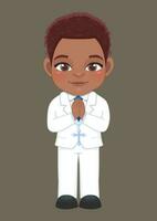 First communion concept with American African boy praying has a rosary in his hand and standing on brown background vector