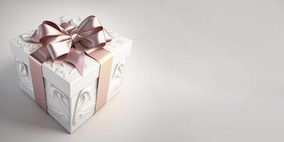 White gift box with cream satin ribbon bow on light background. Box with delicate white patterns. Banner with place for text. . photo