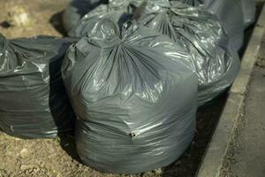 basura. negro el plastico bolsas. recogido basura en patio trasero. foto
