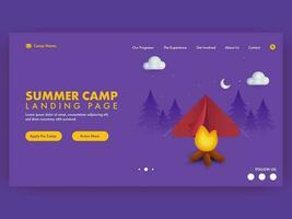 Summer Camp Landing Page With Bonfire, Red Tent. vector