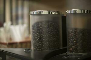 Coffee machine. Coffee beans. Preparation of drink. photo