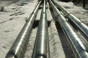 Pipes on street in winter. Steel heating pipes. Industry details. photo