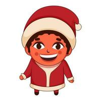 Cartoon Cheerful Boy Wear Santa Hat In Standing Pose. vector