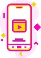en línea vídeo jugar en teléfono inteligente pantalla en resumen amarillo y rosado antecedentes. vector