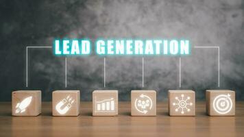 Lead Generation concept, Wooden block on desk with Lead Generation icon on virtual screen. photo