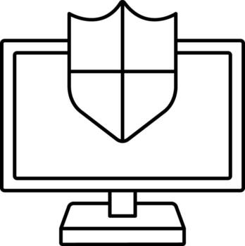 Desktop With Security Shield Icon In Linear Style. vector