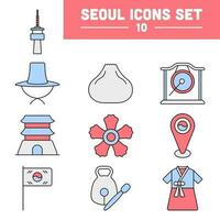 Red And Blue Color Set 10 Seoul Icon In Flat Style. vector