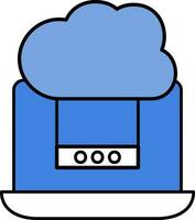 Flat Cloud With Server In Laptop Screen Blue And White Icon. vector