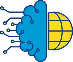 Flat Cloud With Globe For Artificial Intelligence Icon In Blue And Yellow Color. vector