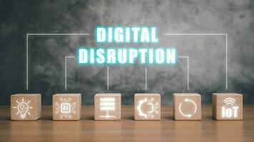 Digital Disruption concept, Wooden block on desk with Digital Disruption icon on virtual screen, Disruptive business ideas, IOT internet of things, network, smart city and machines. photo