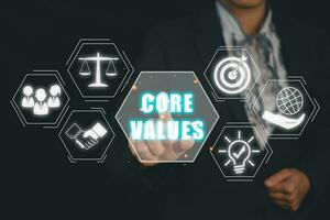 Core values, corporate values concept, Businessman hand touching core values icon on virtual screen. photo