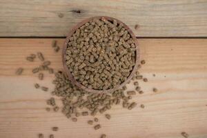 selective focus on brown chicken pellets on a wooden bowl, pellets are chicken feed made from corn and vegetables mixed with water photo