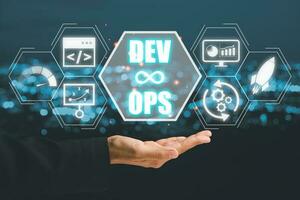 DevOps concept, Person hand holding DevOps icon on VR screen, Methodology development operations agil programming technology.concept. photo