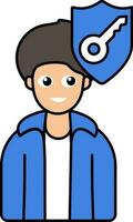 Cartoon Man With Key And Shield Flat Icon In Blue And White Color. vector