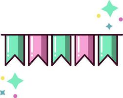 Pink And Turquoise Bunting Flag And Stars Icon Or Sticker. vector