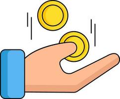 Flat Illustration Of Coin On Hand Icon In Blue And Yellow Color. vector