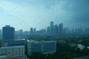 gotas de lluvia en el ventanas de el 13 piso edificio foto