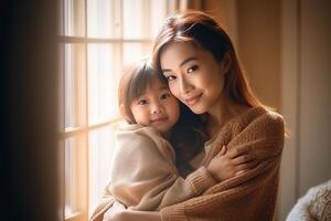 Thai mother holding her daughter while smiling. photo