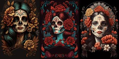 dia Delaware los muertos póster con Calavera catrina ai generativo foto