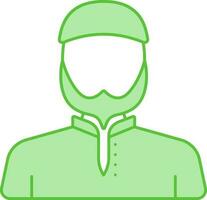 Bearded Man Wearing Arabic Dress With Kufi Hat In Green And White Color. vector