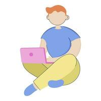 Faceless Young Boy Using Laptop On White Background. vector
