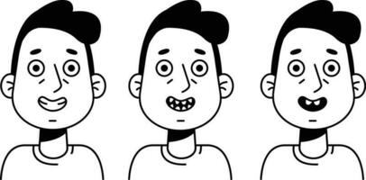 un Niños cara con diferente emociones el chico sonrisas y es triste. un conjunto con emociones íconos con Delgado líneas para sitios web, aplicaciones y diseño. minimalista plano estilo. vector