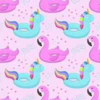 Inflatable swimming circle with a blue unicorn, flamingo. Inflatable rubber toys for water and beach. Seamless vector pattern on summer and marine themes.