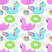 Inflatable rubber toys for water and beach. Inflatable swimming circle with blue unicorn, flamingo, circle pattern. Seamless vector pattern for summer and marine themes.