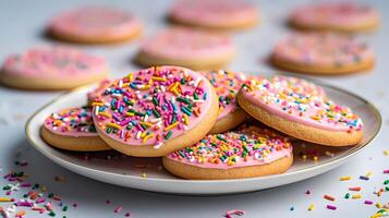 Sugar cookies with sprinkle on white plate photo