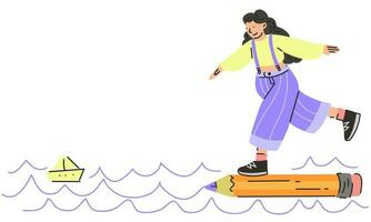 A student girl is floating on the waves on a large pencil. A girl artist makes a frame design. Back to school. Success in learning and creativity. Vector illustration of students, schoolchildren