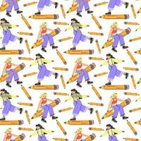 A pattern of different young people holding large pencils with a seamless pattern. Happy young students write, draw. The concept of education. Knowledge Day, September. Back to school. Vector