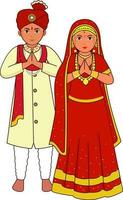 Kashmiri Wedding Couple Greeting Namaste In Traditional Dress. vector